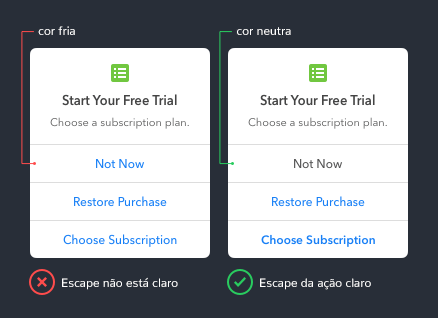 Comparativo de labels de escape: uma cor fria passa um indicativo diferente de uma cor neutra.